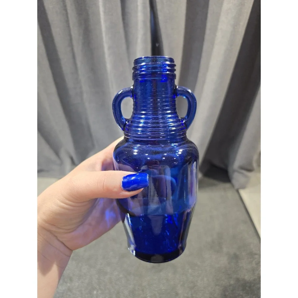 Vintage Cobalt Blue Glass Double Handle Vase Bottle Ribbed Small 7